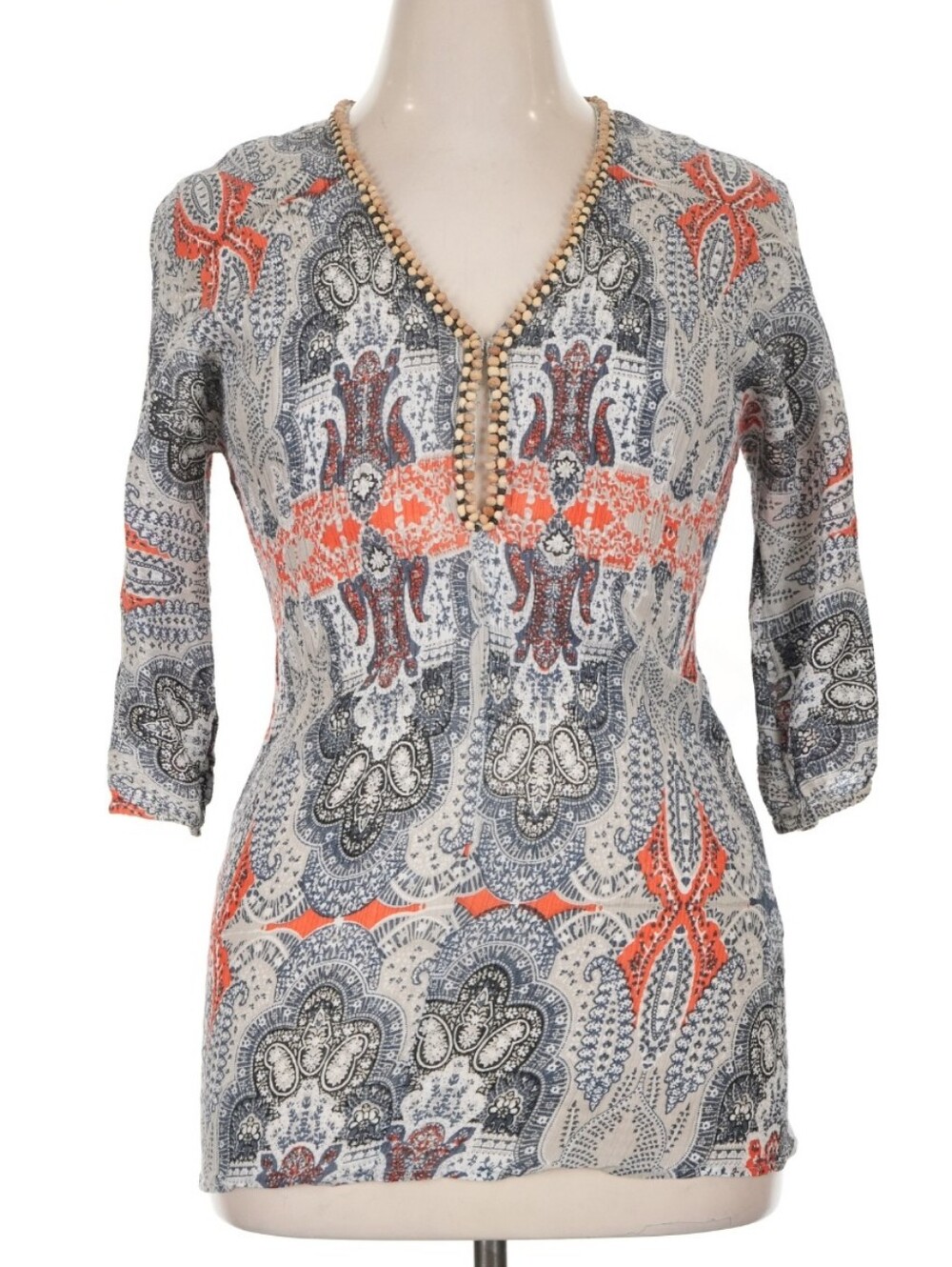 new JOIE A LA PLAGE size Large Paisley Print Wooden Beaded Trim 3/4 Sleeve Tunic